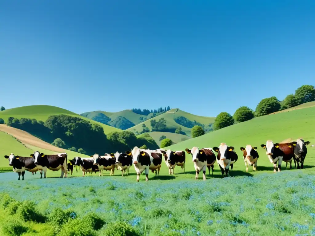 Un tranquilo paisaje de pasto verde exuberante, donde una manada de vacas pasta pacíficamente bajo un cielo azul claro