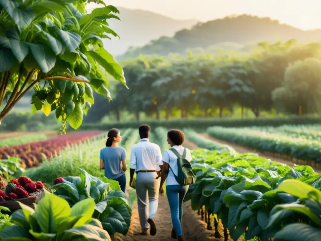 Un tranquilo paseo educativo en agroturismo orgánico, con estudiantes y maestro explorando una granja exuberante y colorida