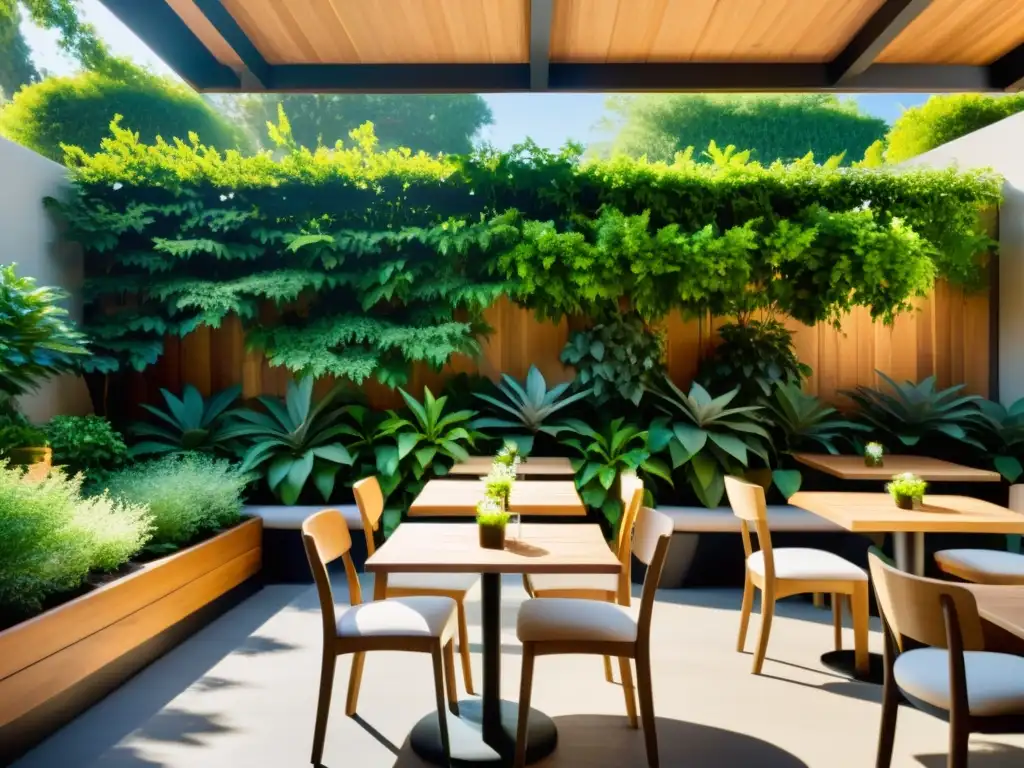 Un tranquilo patio de restaurante orgánico, bañado por la suave luz del sol entre la vegetación exuberante