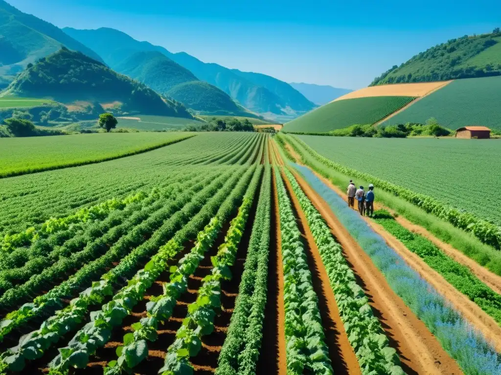 Turismo verde en granjas orgánicas: Visitantes escuchan al agricultor en una granja orgánica, rodeados de cultivos y naturaleza serena