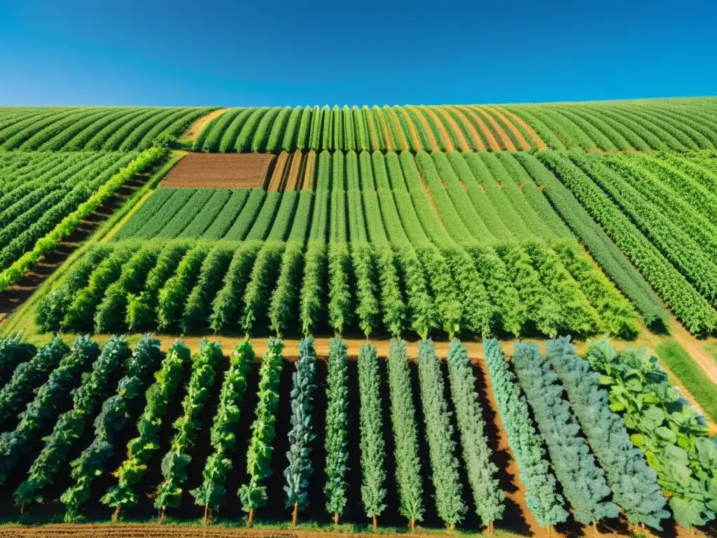 Turismo verde en granjas orgánicas: Una granja orgánica serena y ordenada, con cultivos verdes bajo un cielo azul y una brisa suave