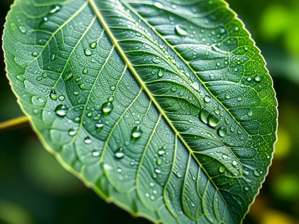 Una única hoja verde vibrante con patrones y texturas, brillando con gotas de agua