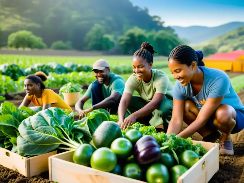 Unidos en la agricultura orgánica local, un grupo diverso trabaja en armonía en una granja soleada y exuberante