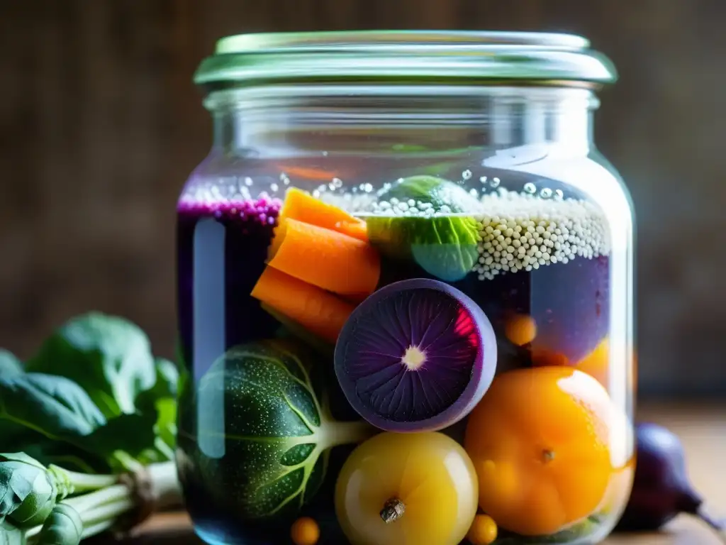 Close up de frascos de vidrio con vegetales fermentados en vibrantes colores