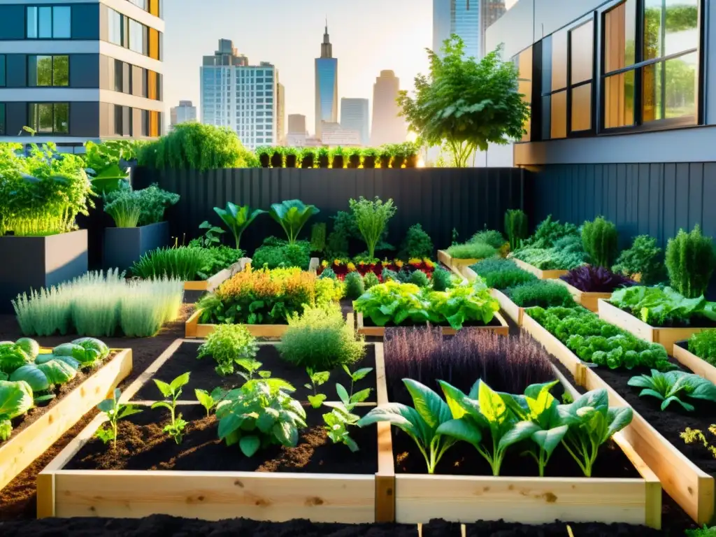 Jardín urbano con cultivo orgánico en espacios reducidos y modernos edificios de la ciudad al fondo