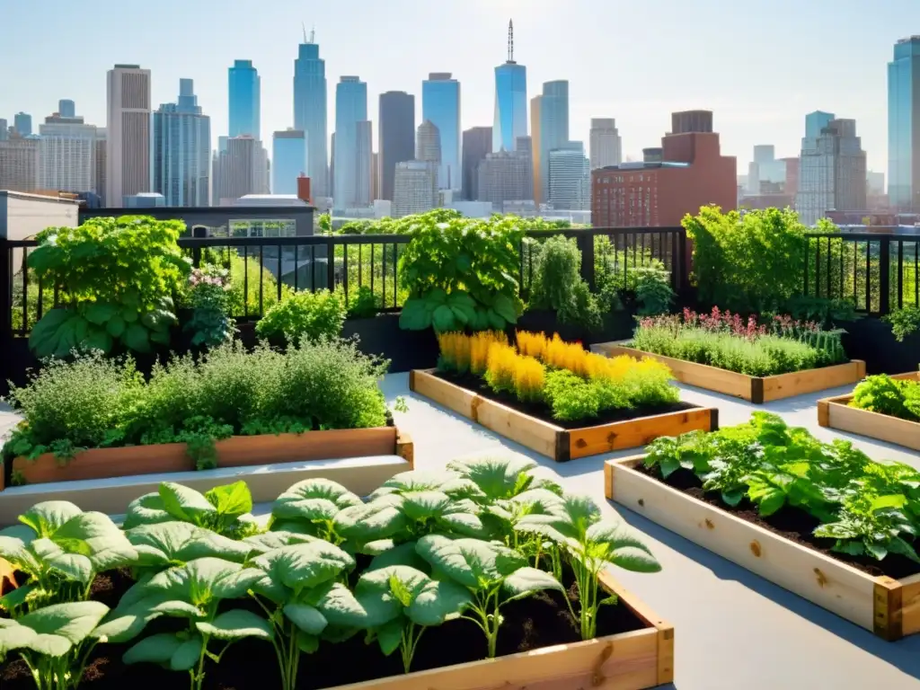 Un jardín urbano exuberante y próspero con una variedad de cultivos en sistemas agroforestales en espacios urbanos