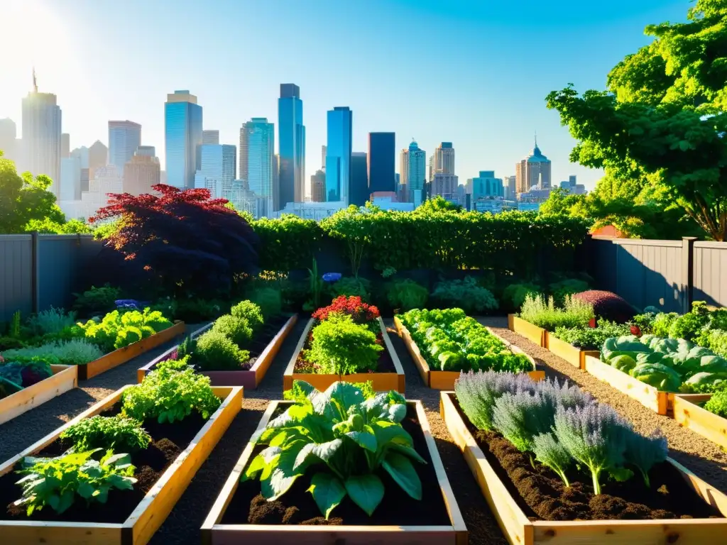Un jardín urbano exuberante y vibrante, con camas elevadas de frutas y verduras coloridas