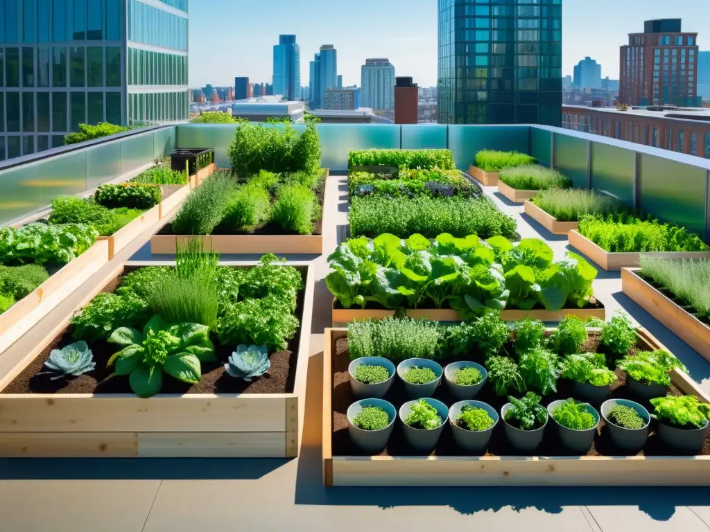 Jardín urbano con hortalizas y hierbas rodeado de arquitectura moderna, inspirando agricultura orgánica urbana en espacios reducidos