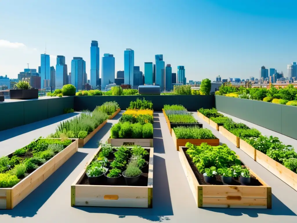 Un jardín urbano orgánico en azotea, con plantas verdes exuberantes en un entorno vibrante y soleado de la ciudad