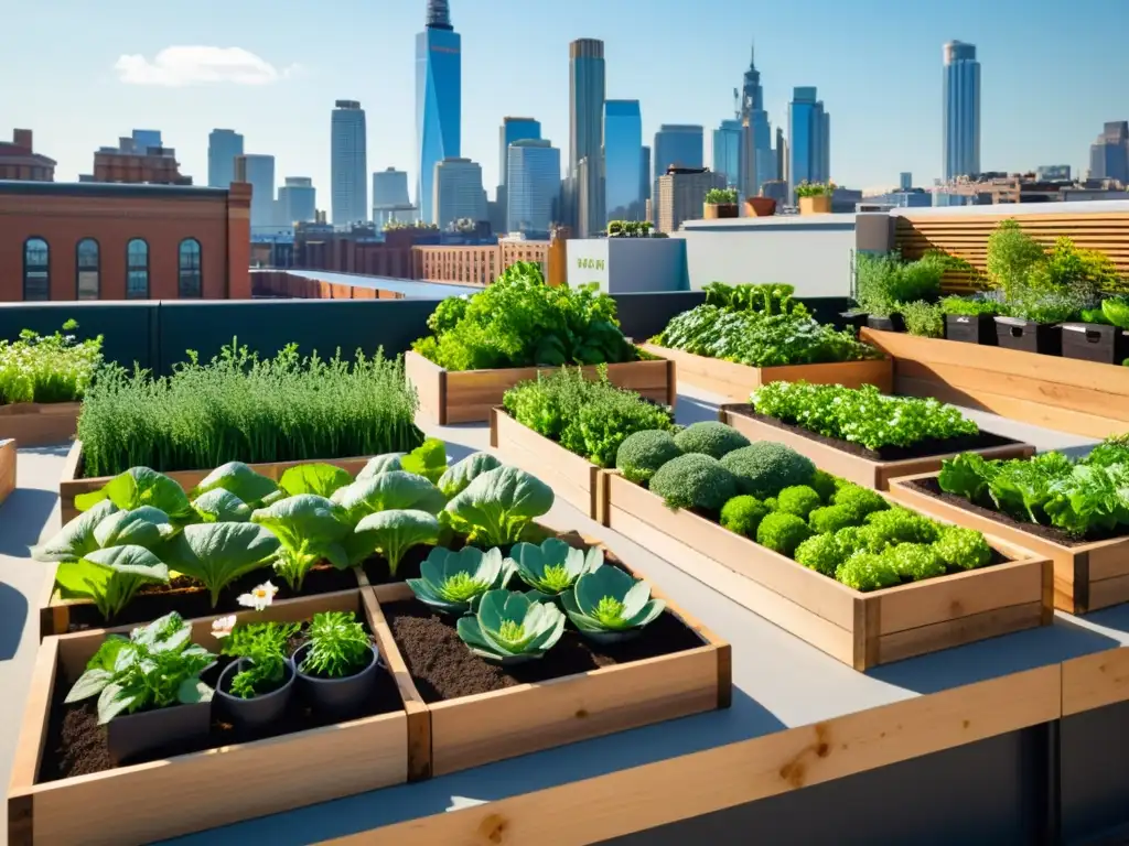 Jardín urbano orgánico en la ciudad con hortalizas, hierbas, abejas y skyline al fondo