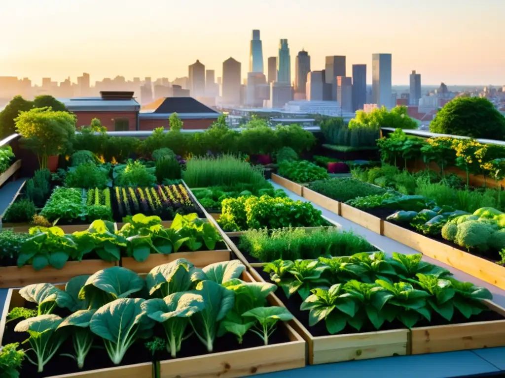 Un jardín urbano orgánico exuberante y vibrante, bañado por la luz dorada del sol