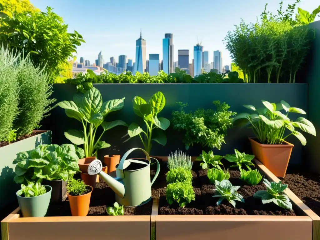 Un jardín urbano vibrante con huertos ordenados, vegetales exuberantes y herramientas de jardinería