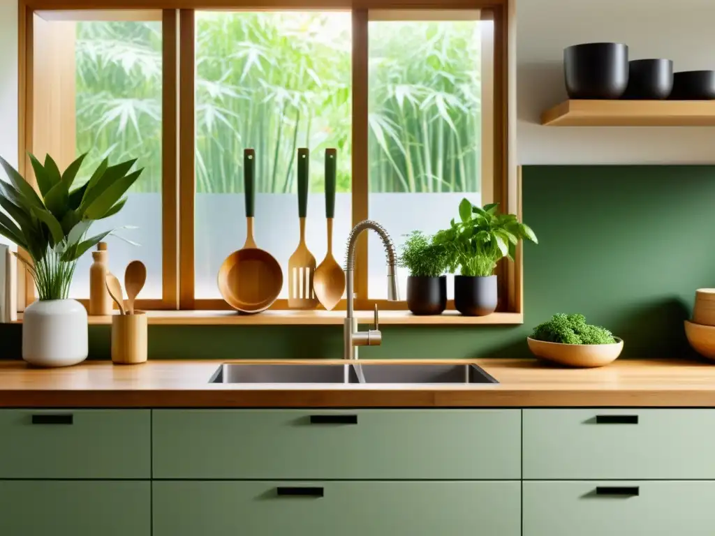 Utensilios sostenibles para reducir huella: Cocina minimalista con utensilios de bambú, luz natural y jardín de hierbas