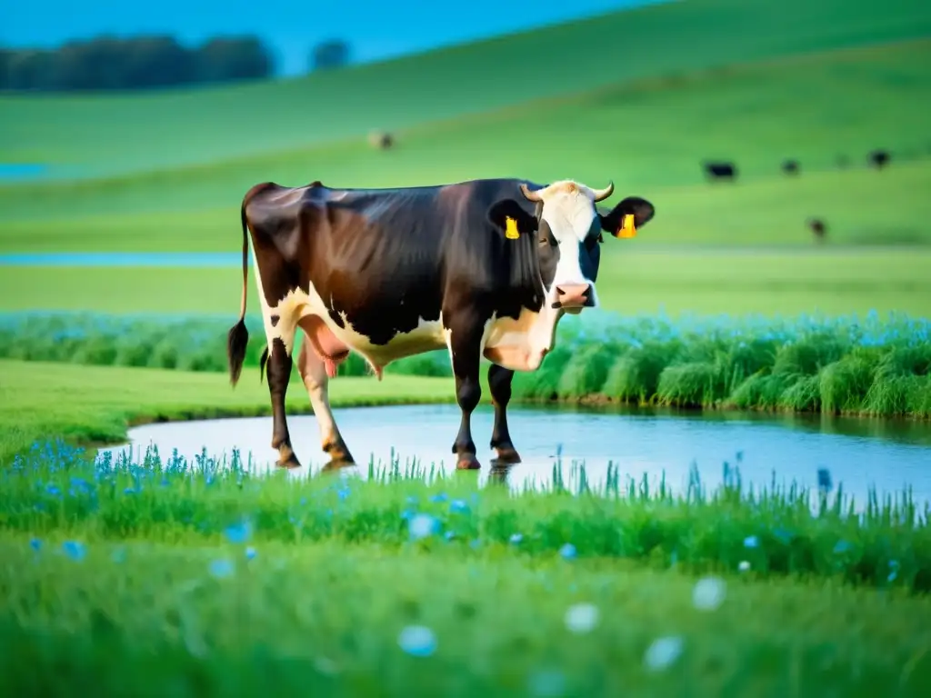 Una vaca pasta apaciblemente en un prado verde, bajo un cielo azul