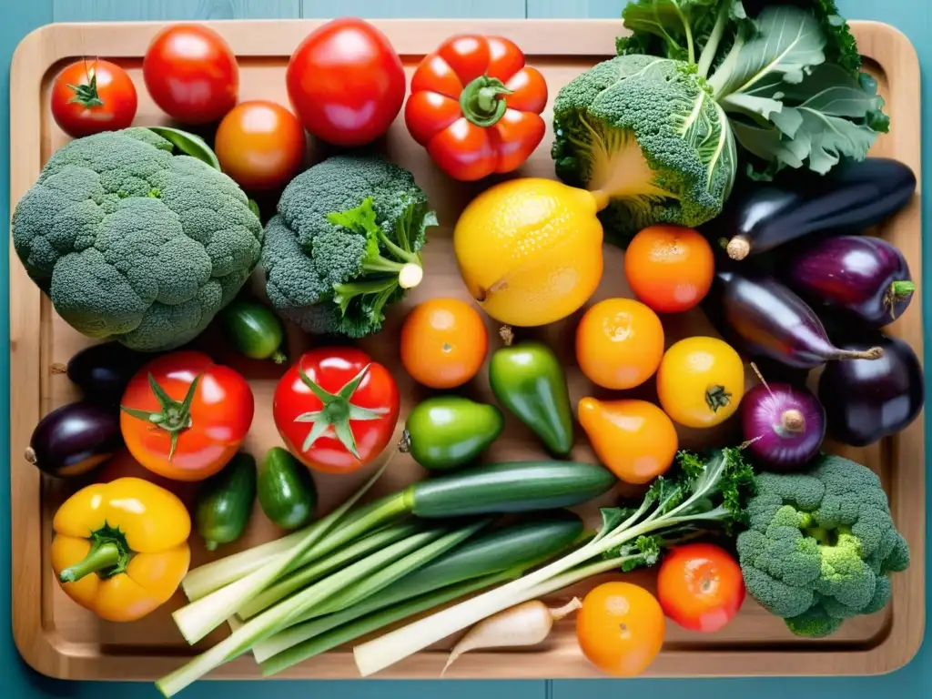 Una variedad de alimentos orgánicos frescos y coloridos en una tabla de cortar de madera