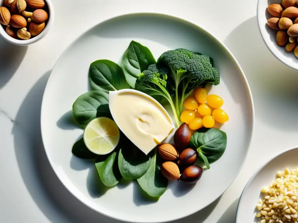 Una variedad de alimentos orgánicos en un plato blanco moderno