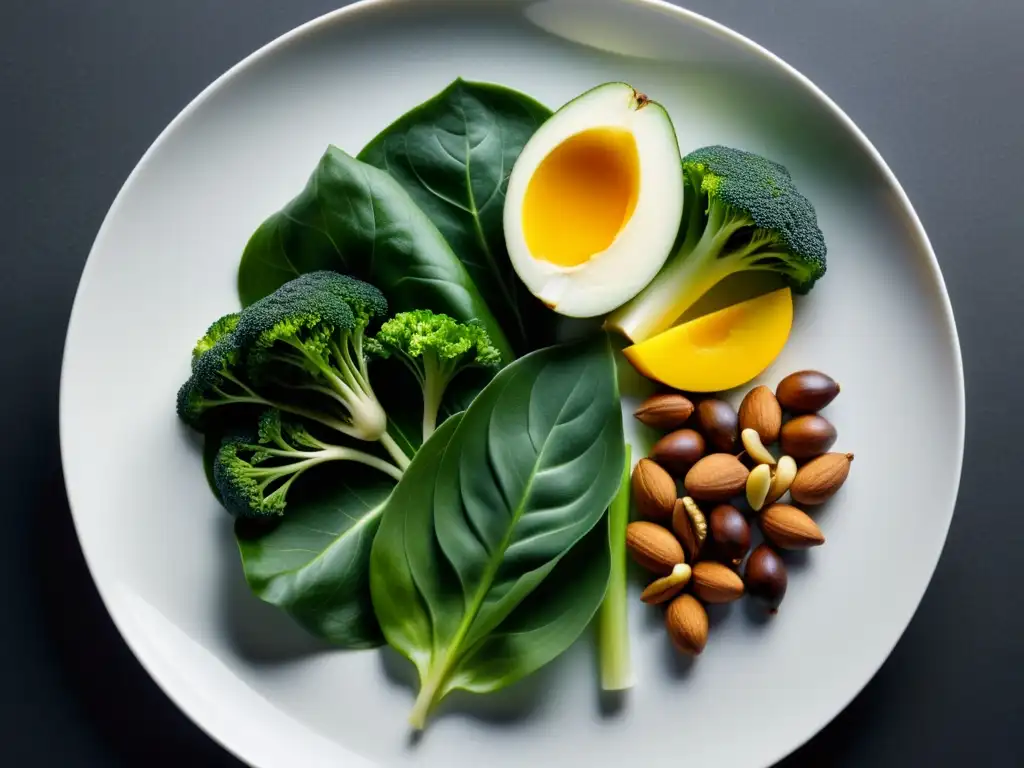 Una variedad de alimentos orgánicos ricos en calcio dispuestos en un plato blanco moderno sobre un fondo oscuro, resaltando su belleza natural