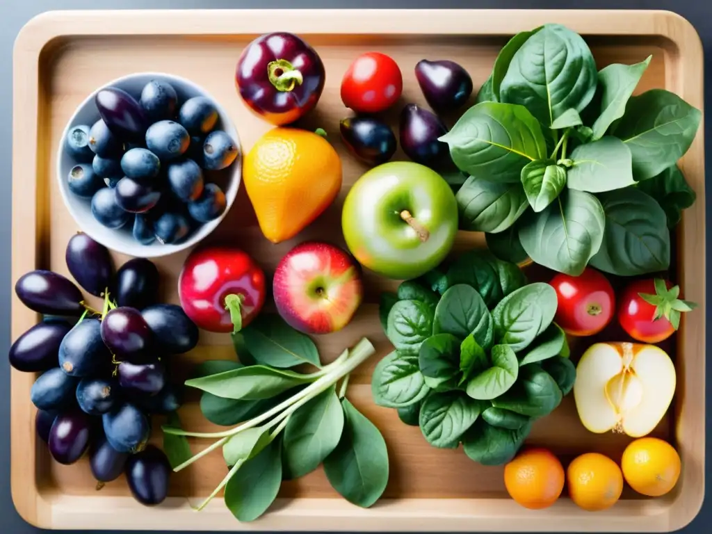 Una variedad colorida de alimentos orgánicos para energía sostenible dispuestos en tabla de madera, iluminados por luz natural