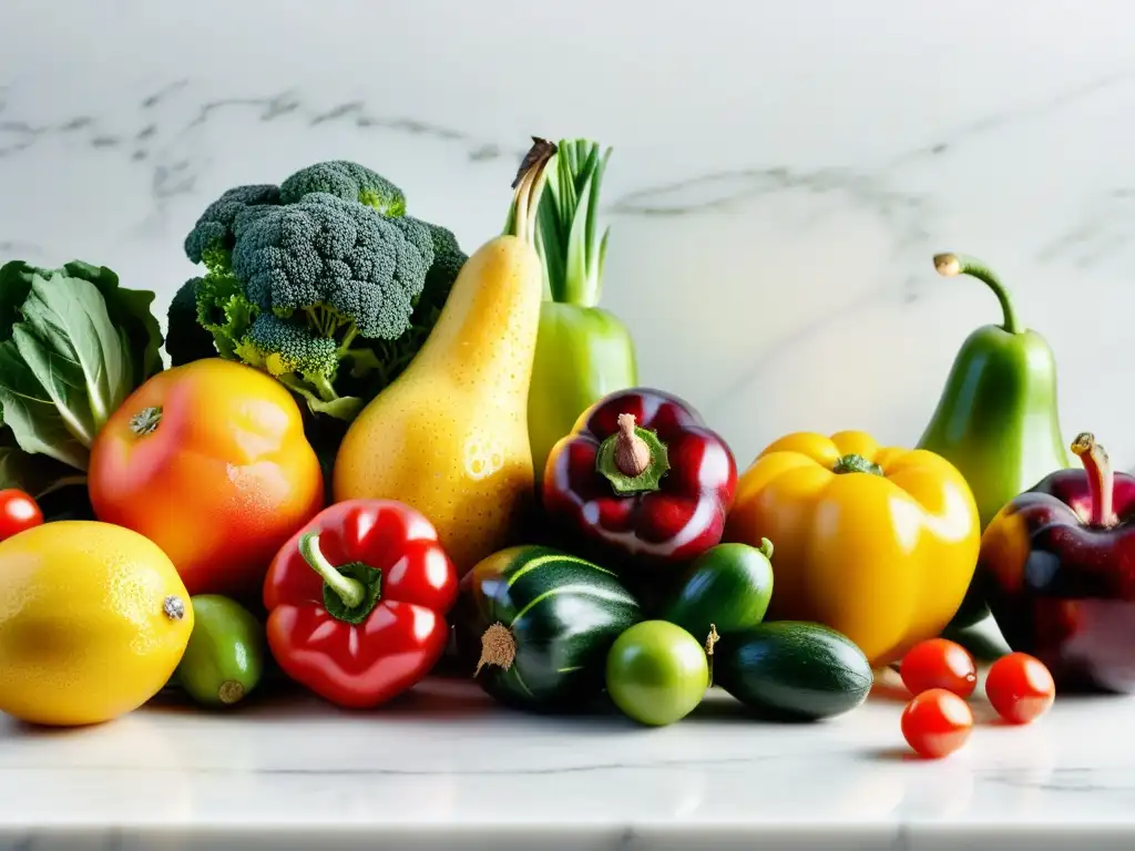 Una variedad colorida de frutas y verduras orgánicas frescas sobre una encimera de mármol blanco