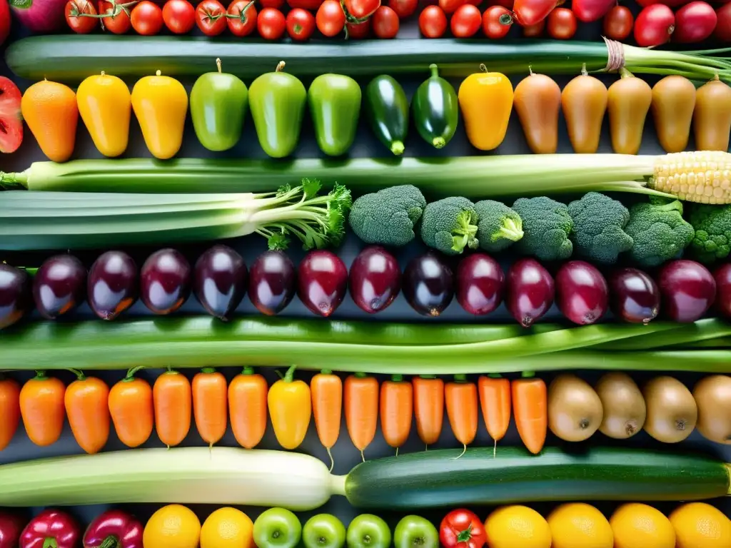 Variedad de frutas y verduras frescas y orgánicas en un patrón visualmente atractivo, resaltando la relación alergias alimentación orgánica