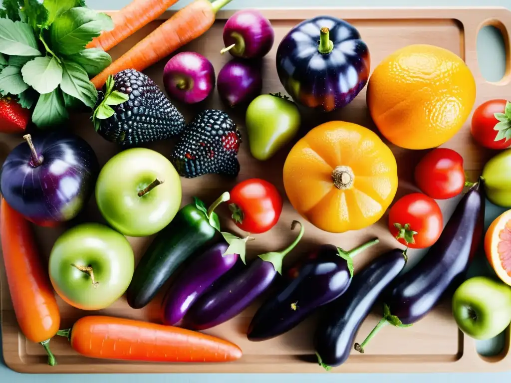 Una variedad de frutas y verduras orgánicas frescas en un tablero de cortar de madera, evocando vitalidad y la longevidad de los alimentos orgánicos