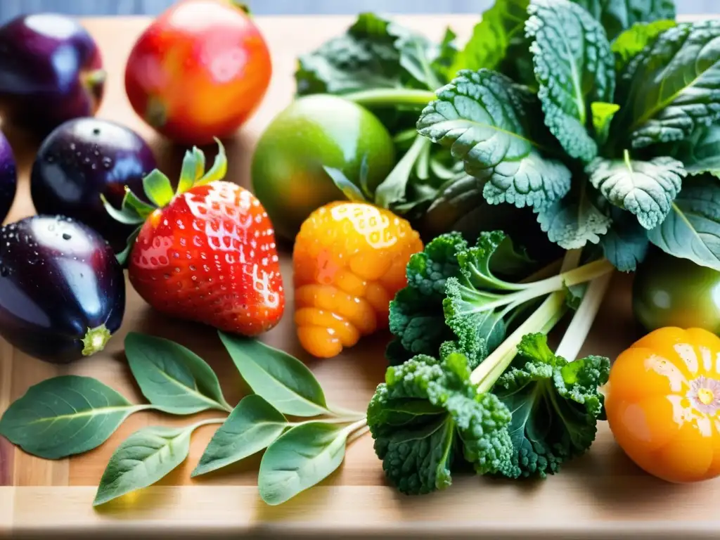 Una variedad de frutas y verduras orgánicas coloridas y frescas en una tabla de cortar de madera, con gotas de agua brillando