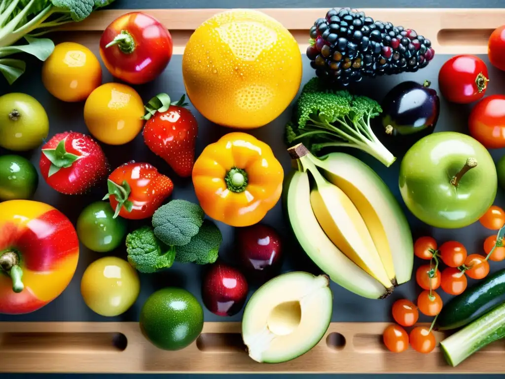 Una variedad de frutas y verduras orgánicas coloridas y frescas, con gotas de agua brillando en sus superficies