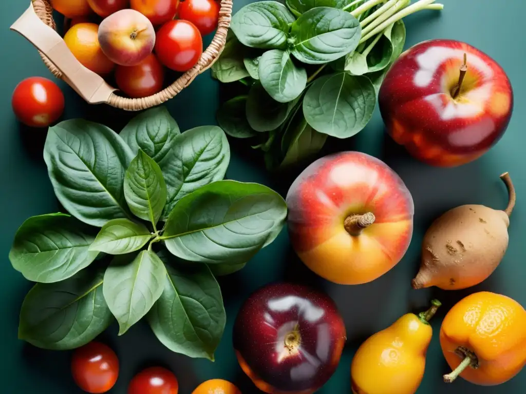 Una variedad de frutas y verduras orgánicas recién cosechadas, representando vitalidad y abundancia para la cocina orgánica para atletas