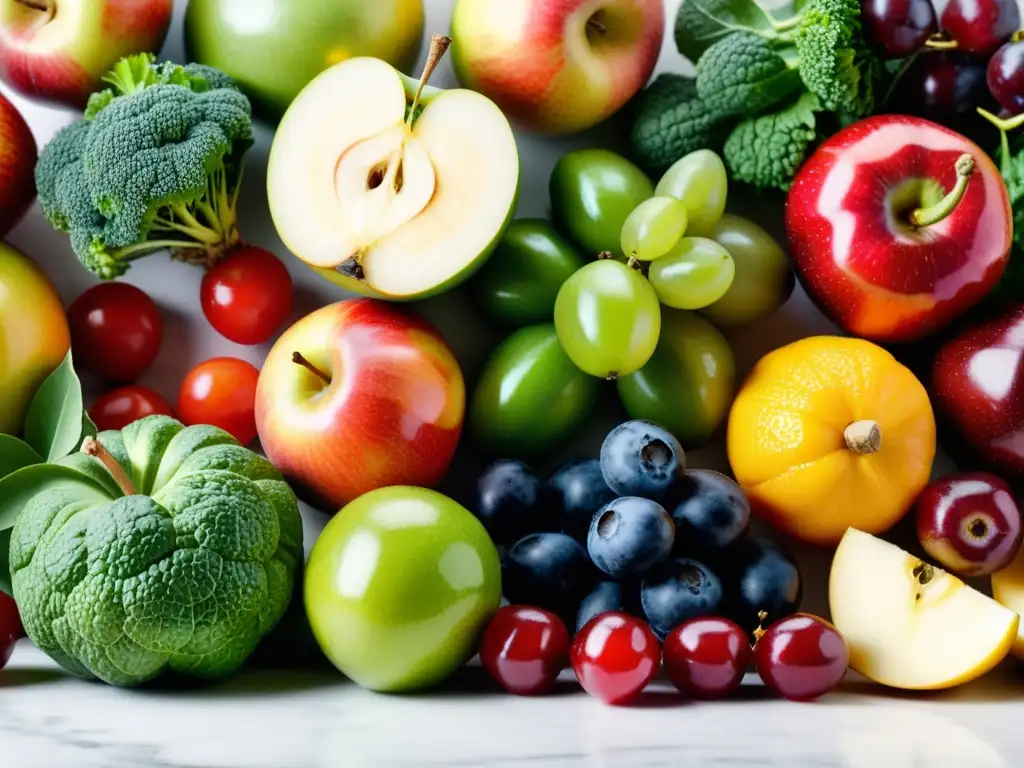 Una variedad de frutas y verduras orgánicas coloridas y frescas en una encimera de mármol blanco