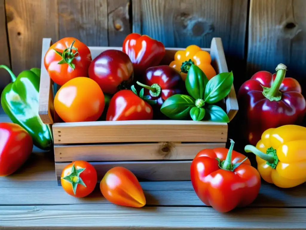 Una variedad de frutas y verduras orgánicas frescas, como fresas, tomates y pimientos, en una colorida exhibición rústica