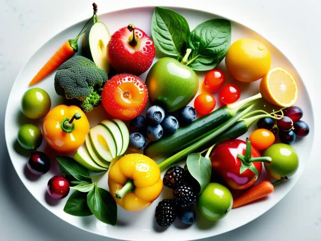 Una variedad de frutas y verduras orgánicas recién recolectadas, brillantes y coloridas en un plato blanco moderno