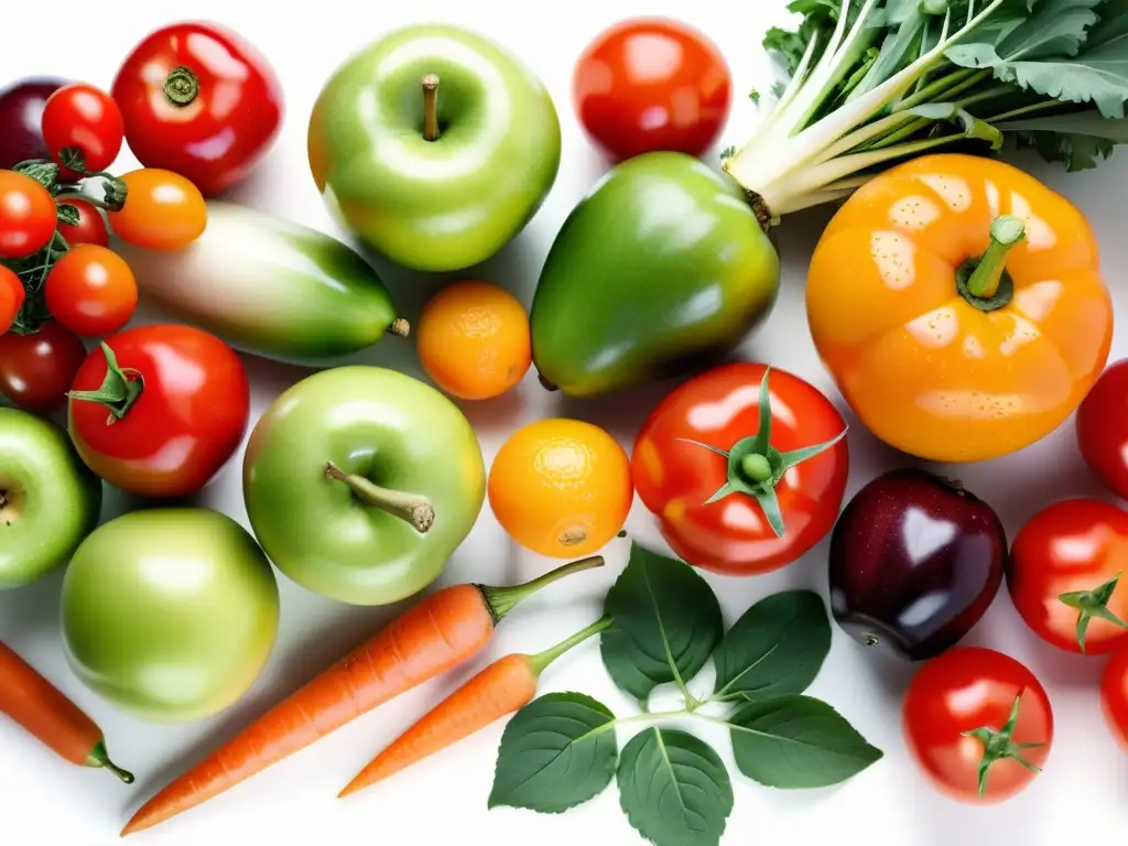 Una variedad de frutas y verduras orgánicas frescas en un fondo blanco, exudando frescura y salud