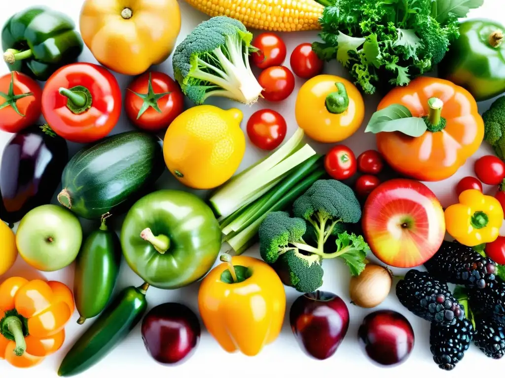 Una variedad de frutas y verduras orgánicas frescas y coloridas, dispuestas de forma vibrante y estética en un fondo blanco