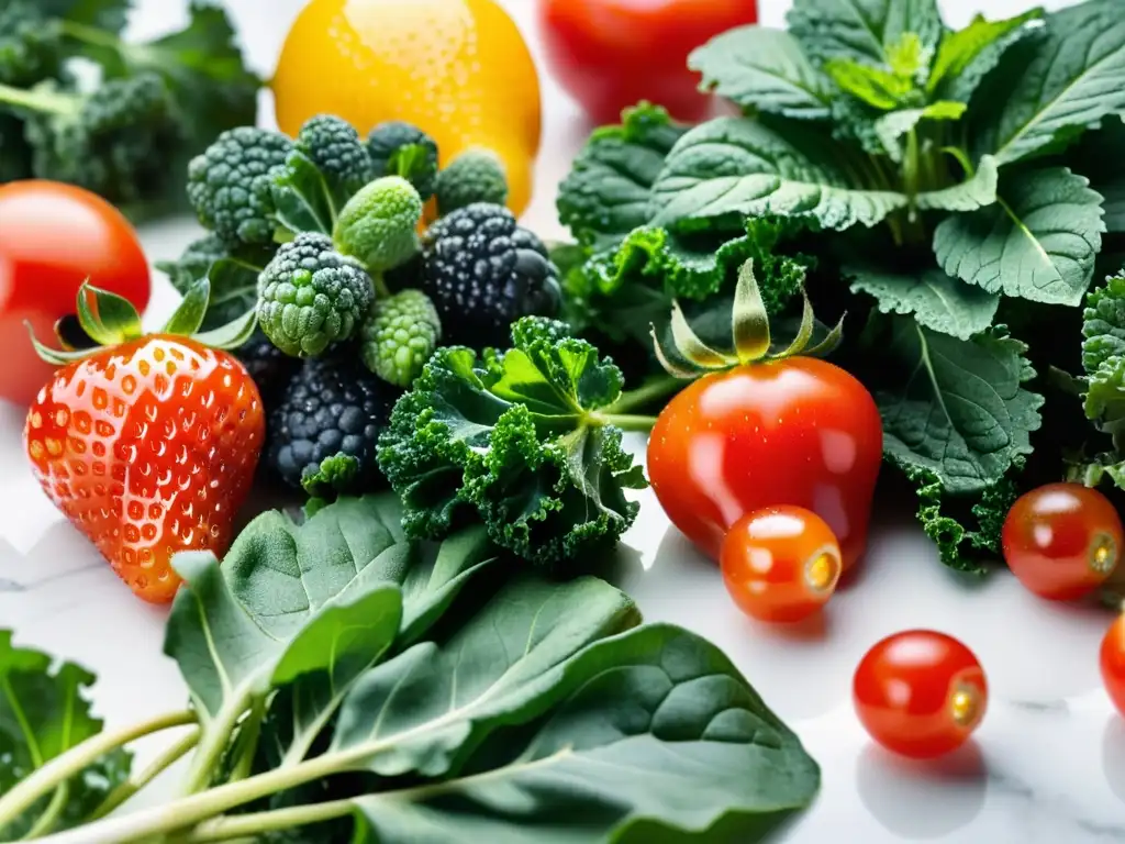 Una variedad de frutas y verduras orgánicas recién cosechadas, con colores vibrantes y texturas frescas, sobre una superficie de mármol blanco