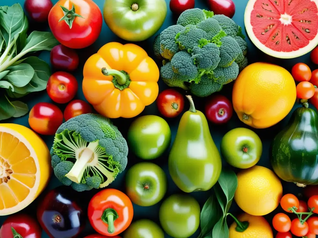 Una variedad de frutas y verduras orgánicas frescas, coloridas y detalladas, creando una escena cautivadora que invita a explorar los beneficios de los alimentos orgánicos en relación con las enfermedades digestivas