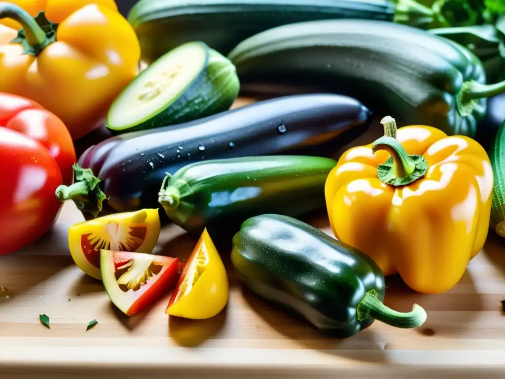 Variedad de ingredientes orgánicos para receta ratatouille, con colores vibrantes y frescura natural en tabla de madera