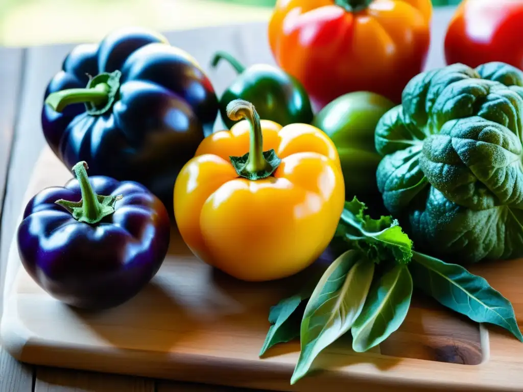 Una variedad de vegetales orgánicos frescos y vibrantes en un tablero de cortar de madera, bañados por la cálida luz del sol