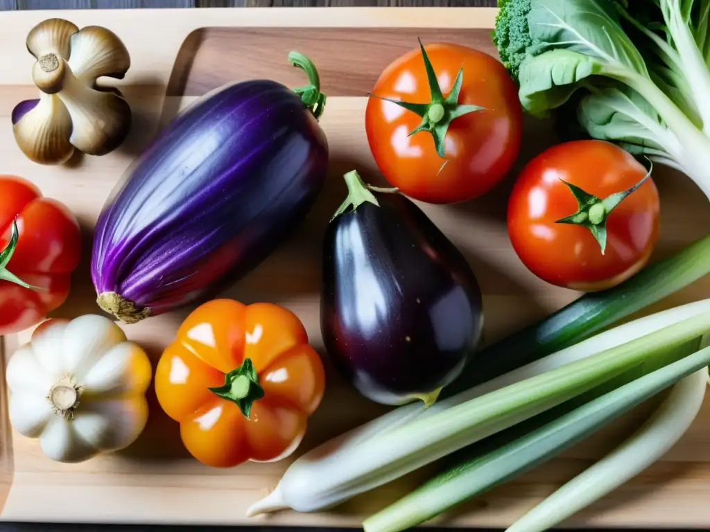 Una variedad de vegetales orgánicos frescos y vibrantes dispuestos en una tabla de cortar de madera