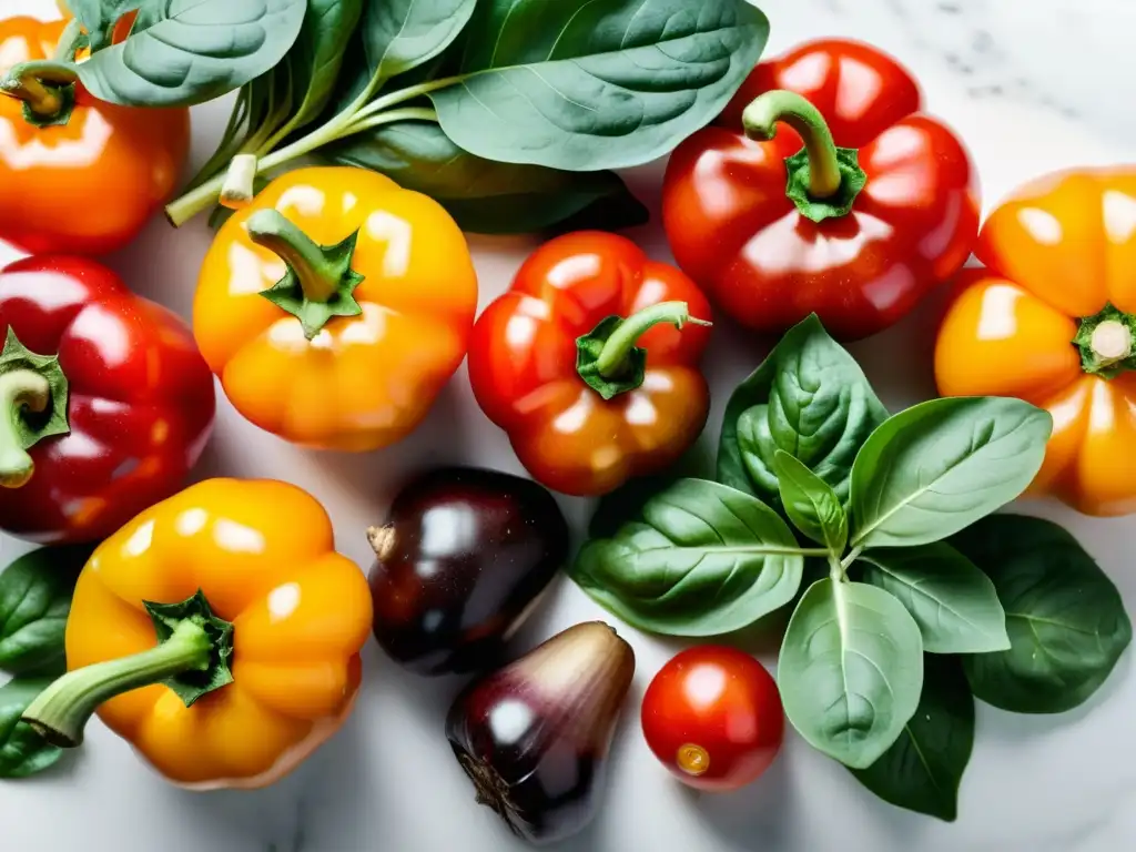 Una variedad de vegetales vibrantes y orgánicos sobre una encimera de mármol blanco, listos para una deliciosa receta de curry orgánico saludable