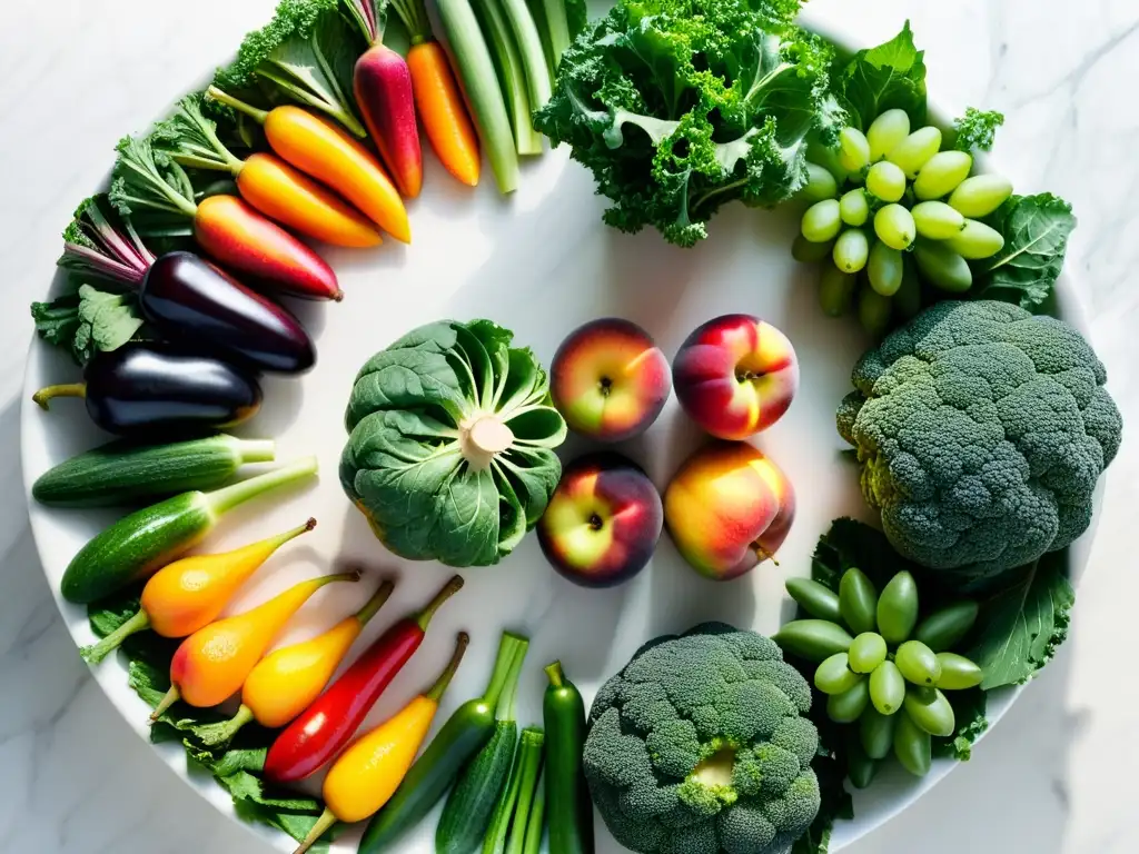 Una variedad vibrante y detallada de frutas y verduras orgánicas en un patrón circular sobre una encimera de mármol blanco