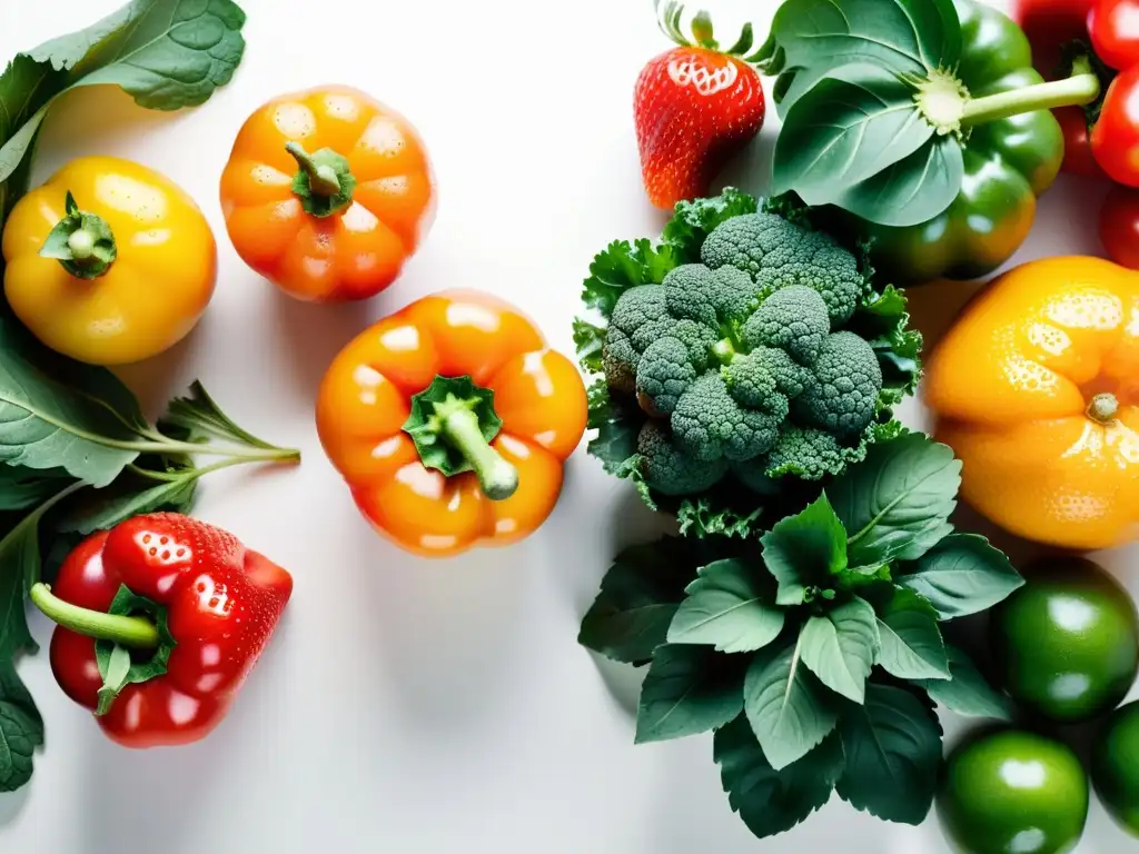 Una variedad vibrante de frutas y verduras orgánicas, frescas y deliciosas, dispuestas en un fondo blanco limpio