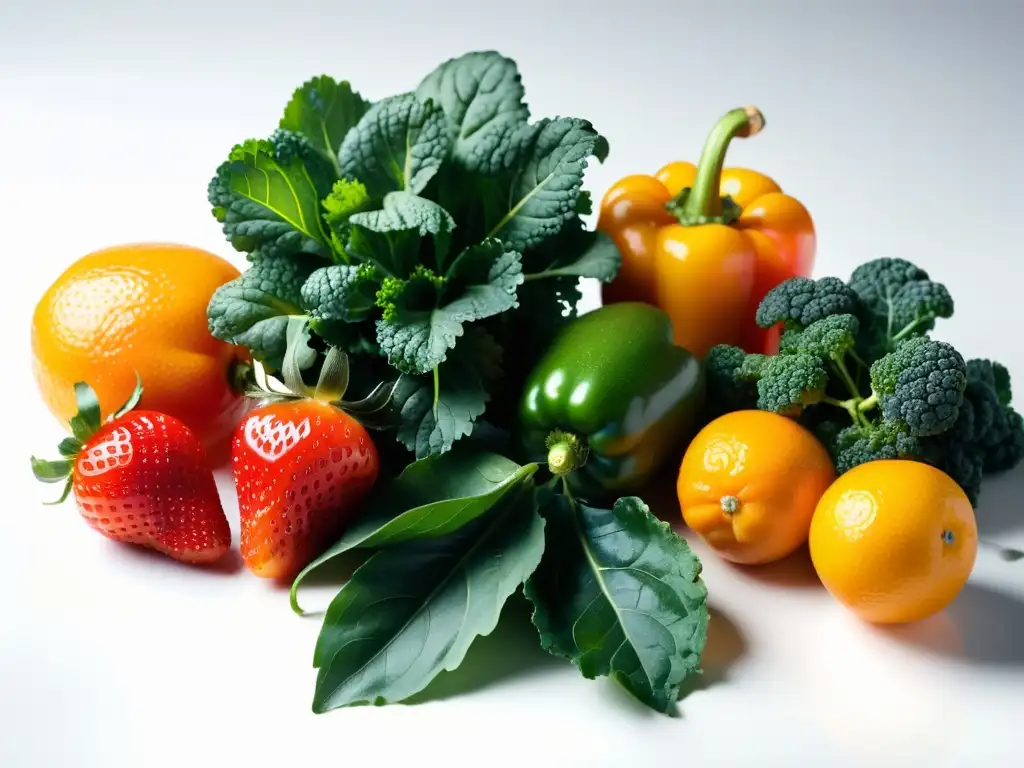 Una variedad vibrante de frutas y verduras orgánicas frescas, con gotas de agua brillante