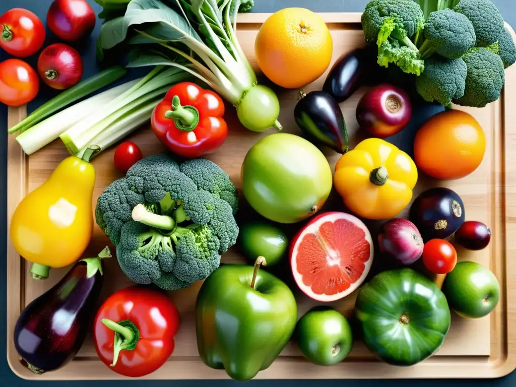 Una variedad vibrante de frutas y verduras orgánicas en tabla de cortar de madera