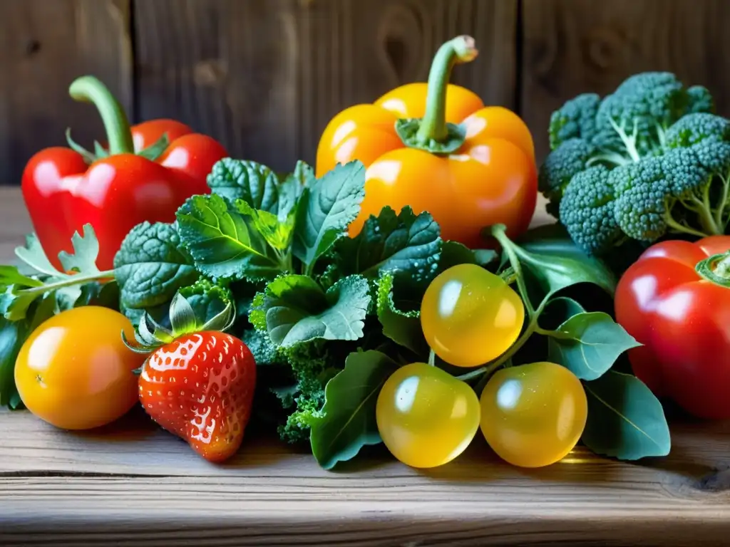 Una variedad vibrante de frutas y verduras orgánicas frescas, capturando su belleza natural