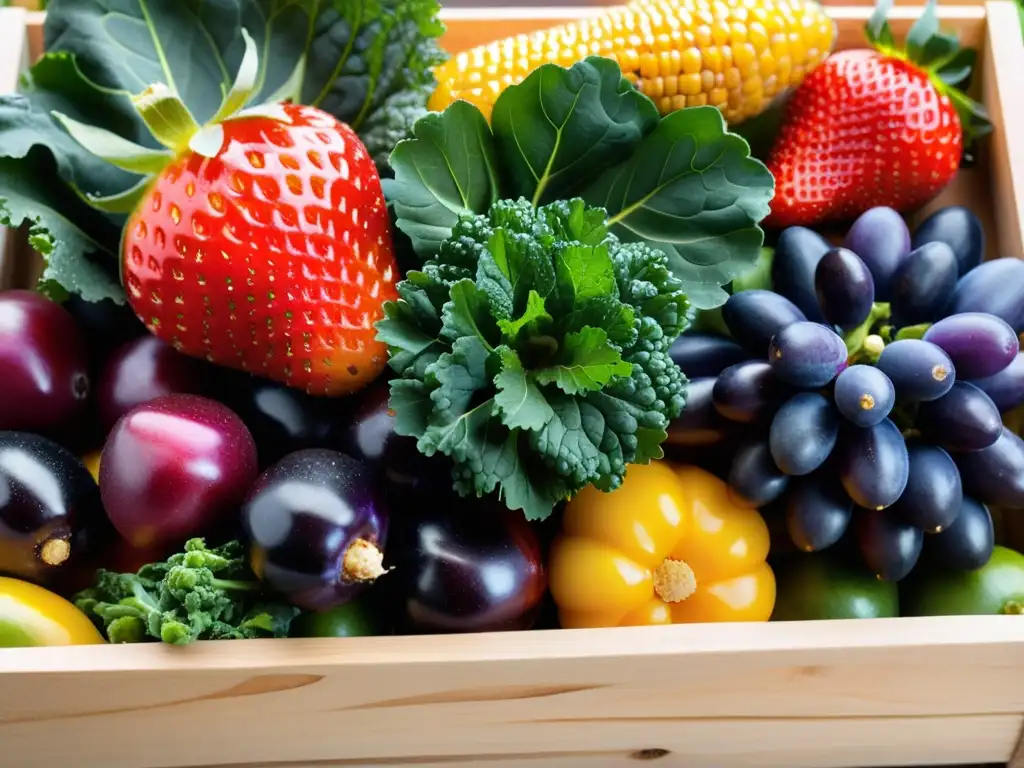 Una variedad vibrante de frutas y verduras orgánicas en una caja de madera