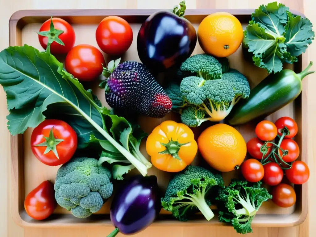 Una variedad vibrante de frutas y verduras orgánicas frescas dispuestas en una tabla de cortar de madera