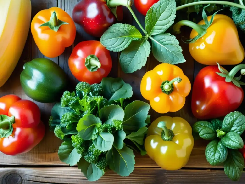 Una variedad vibrante de frutas y verduras orgánicas recién cosechadas en una mesa de madera rústica