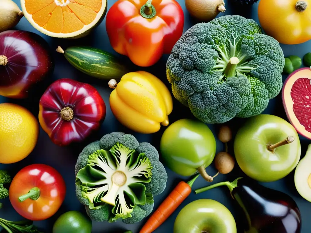 Una variedad vibrante de frutas y verduras orgánicas, con texturas y colores únicos