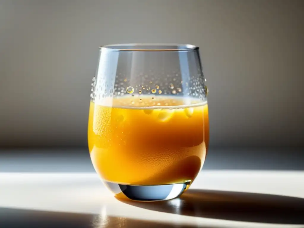 Un vaso de jugo de naranja orgánico recién exprimido, con pulpa y gotas de jugo en los bordes