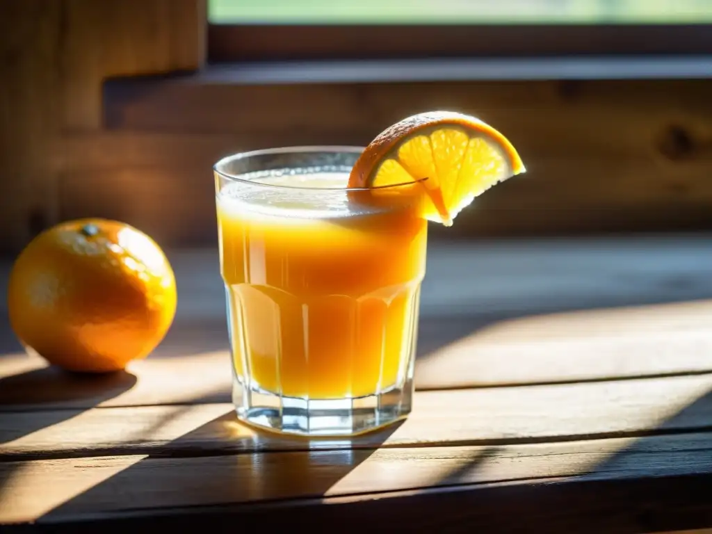 Un vaso de jugo de naranja orgánico recién exprimido sobre una mesa de madera rústica, bañado por la cálida luz del sol